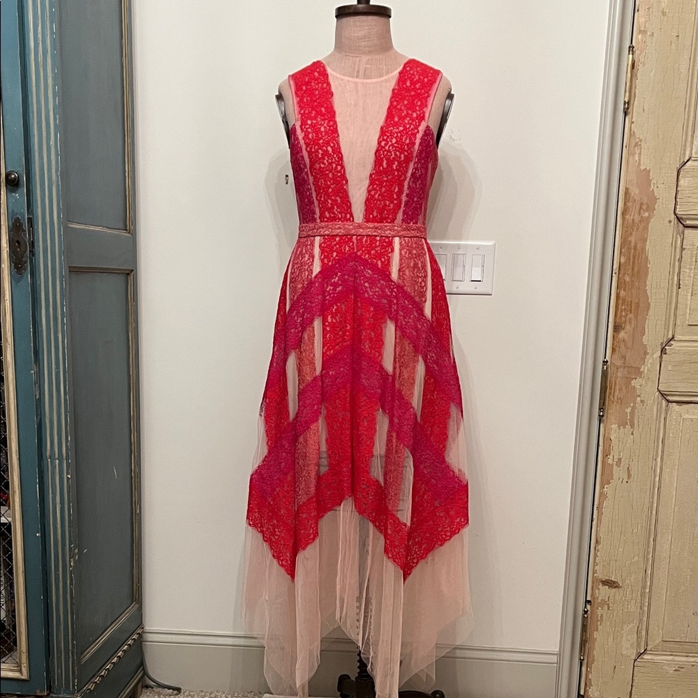 BCBGMaxAzria Red and Pink Asymmetrical Lace Dress